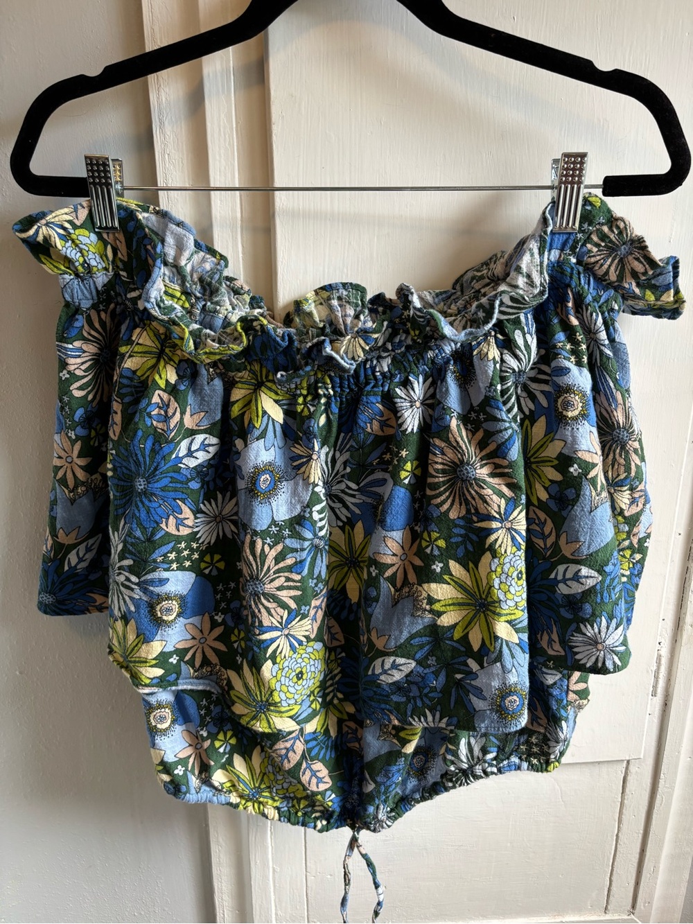 INC International Concepts Blue and Green Floral Off-Shoulder Crop Top